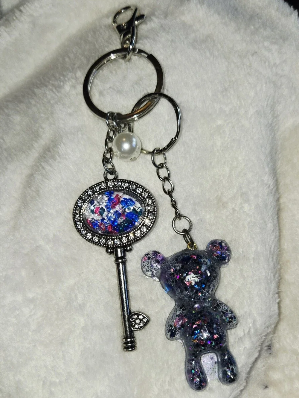 Handmade Blue Glitter Bear Keychain with Decorative Key Charm